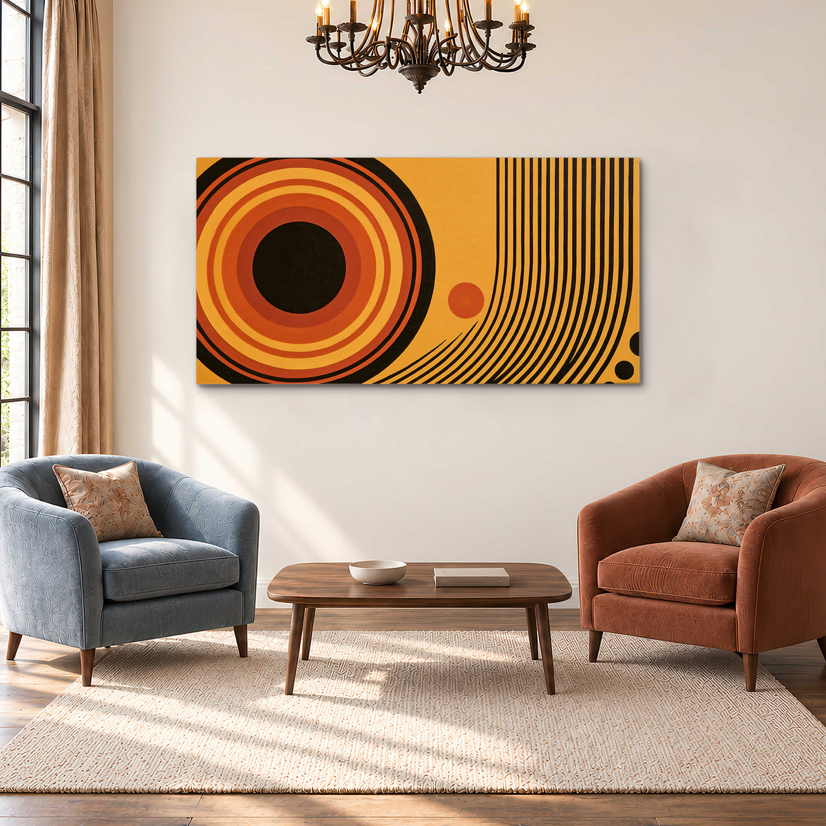 Bold black, orange and golden circles with parallel curved lines and small dots single canvas wall art styled in an interior