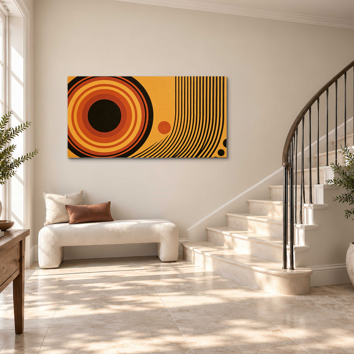 Bold black, orange and golden circles with parallel curved lines and small dots single canvas wall art styled in an interior