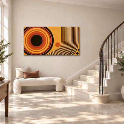 Bold black, orange and golden circles with parallel curved lines and small dots single canvas wall art styled in an interior