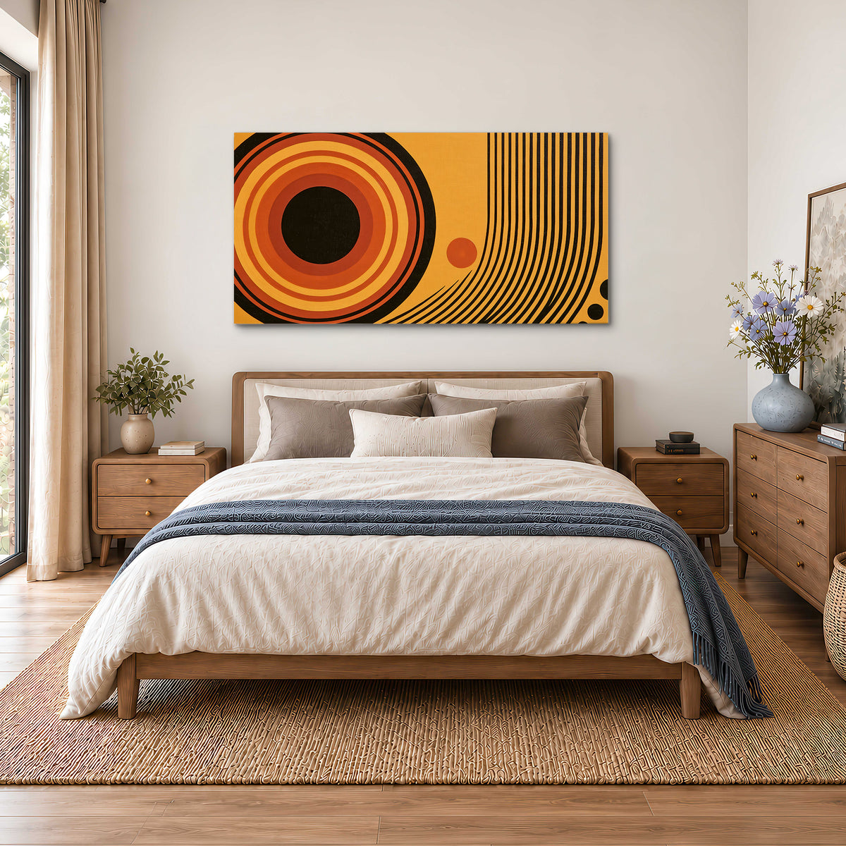 Bold black, orange and golden circles with parallel curved lines and small dots single canvas wall art styled in an interior