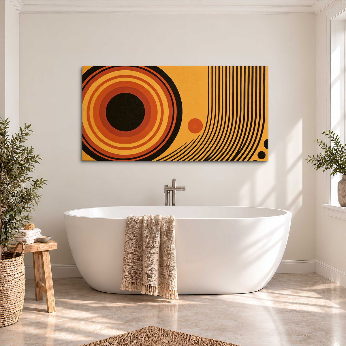 Bold black, orange and golden circles with parallel curved lines and small dots single canvas wall art styled in an interior