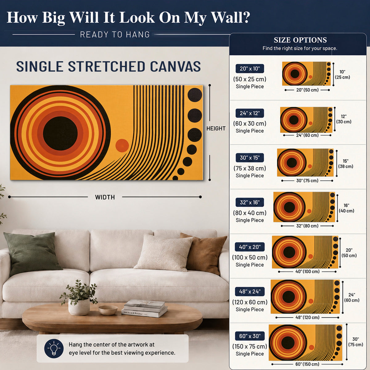 Bold black, orange and golden circles with parallel curved lines and small dots single canvas wall art size guide above a sofa; room view is illustrative