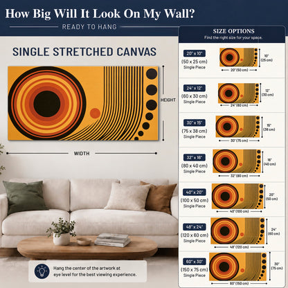 Bold black, orange and golden circles with parallel curved lines and small dots single canvas wall art size guide above a sofa; room view is illustrative