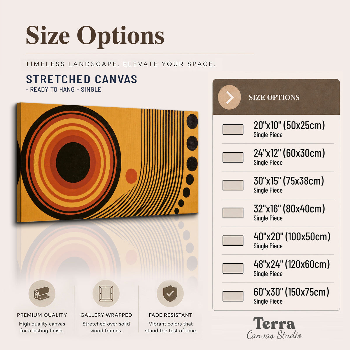 Bold black, orange and golden circles with parallel curved lines and small dots single canvas wall art available dimensions