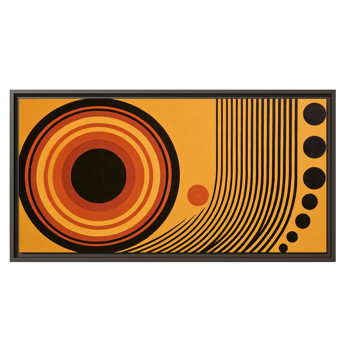 Bold black, orange and golden circles with parallel curved lines and small dots single framed canvas wall art viewed straight on
