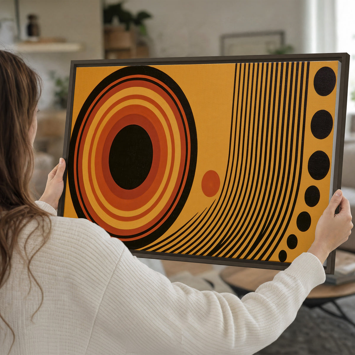 Bold black, orange and golden circles with parallel curved lines and small dots single framed canvas wall art held in hands