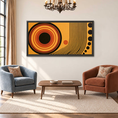 Bold black, orange and golden circles with parallel curved lines and small dots single framed canvas wall art styled in an interior