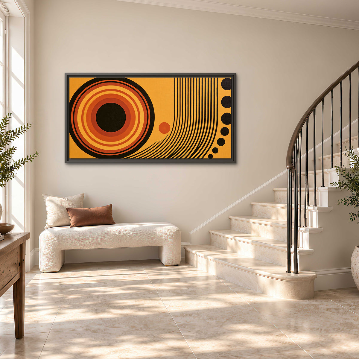 Bold black, orange and golden circles with parallel curved lines and small dots single framed canvas wall art styled in an interior
