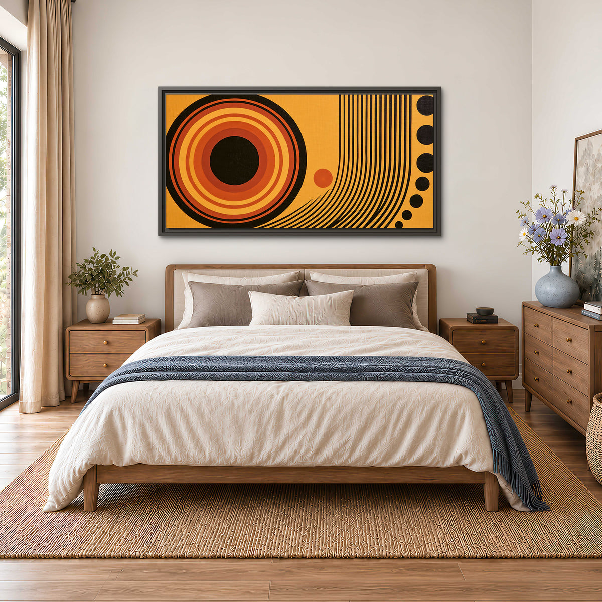 Bold black, orange and golden circles with parallel curved lines and small dots single framed canvas wall art styled in an interior