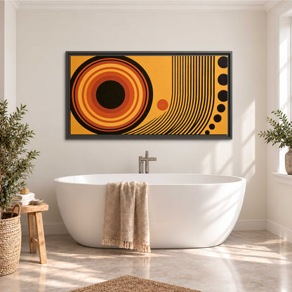 Bold black, orange and golden circles with parallel curved lines and small dots single framed canvas wall art styled in an interior