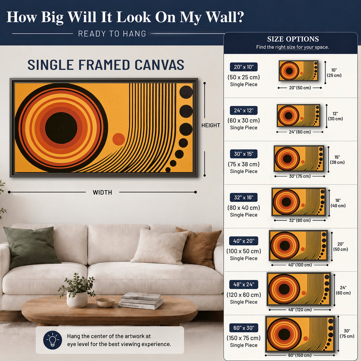 Bold black, orange and golden circles with parallel curved lines and small dots single framed canvas wall art size guide above a sofa; room view is illustrative