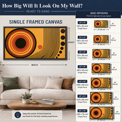 Bold black, orange and golden circles with parallel curved lines and small dots single framed canvas wall art size guide above a sofa; room view is illustrative