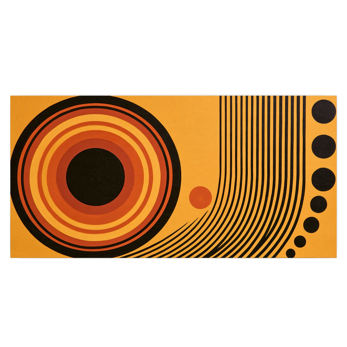 Bold black, orange and golden circles with parallel curved lines and small dots single poster print viewed straight on
