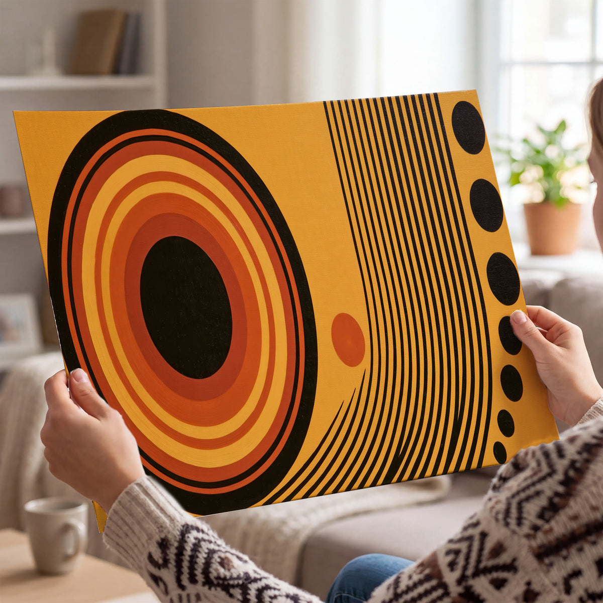 Bold black, orange and golden circles with parallel curved lines and small dots single poster print held in hands