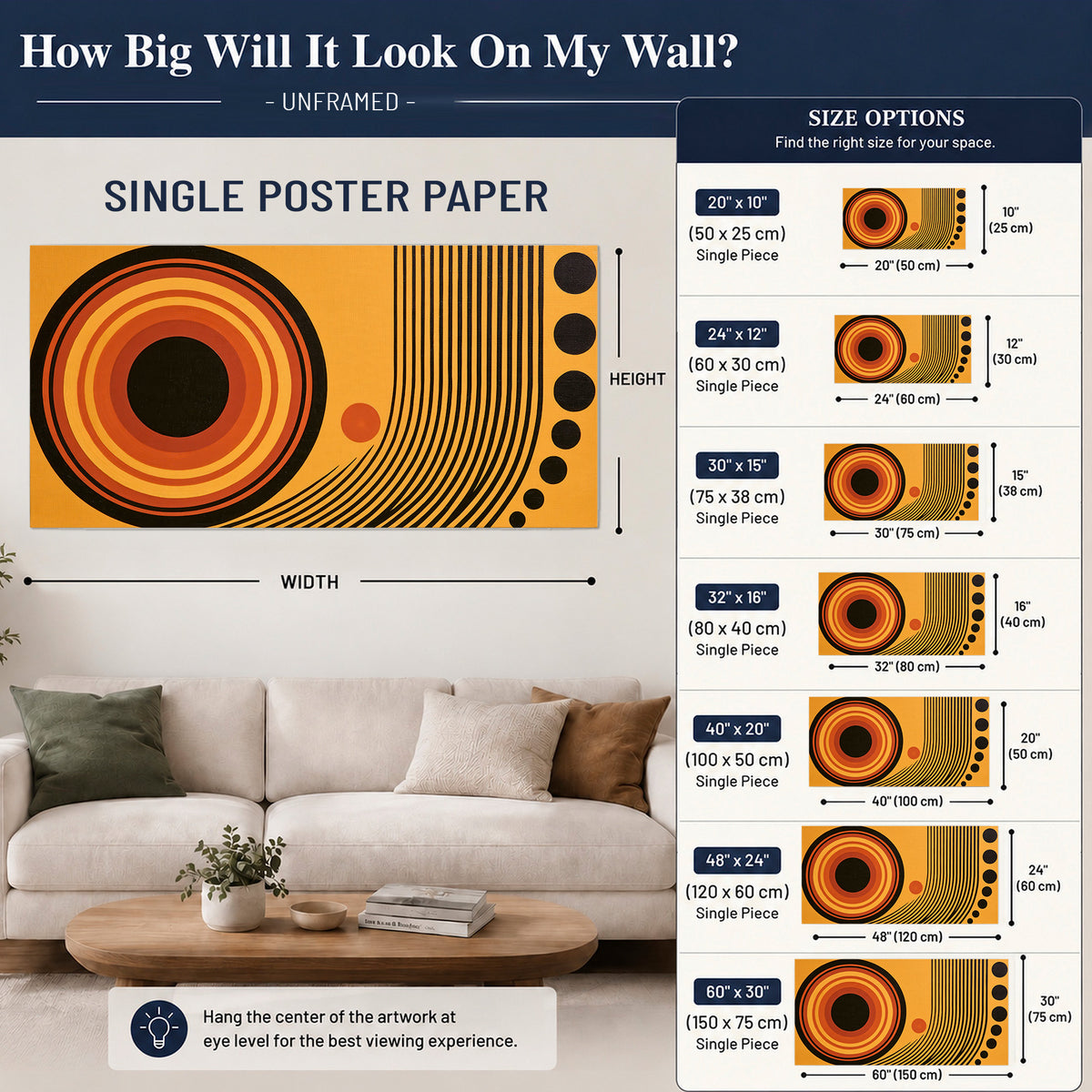 Bold black, orange and golden circles with parallel curved lines and small dots single poster print size guide above a sofa; room view is illustrative