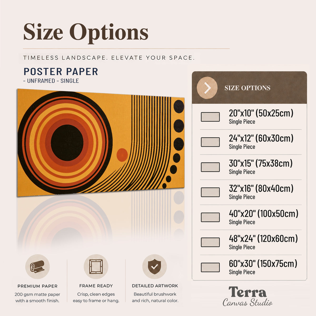 Bold black, orange and golden circles with parallel curved lines and small dots single poster print available dimensions