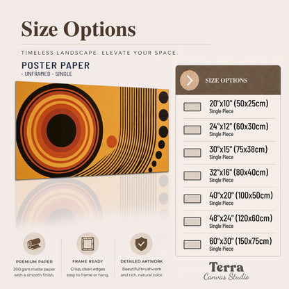 Bold black, orange and golden circles with parallel curved lines and small dots single poster print available dimensions
