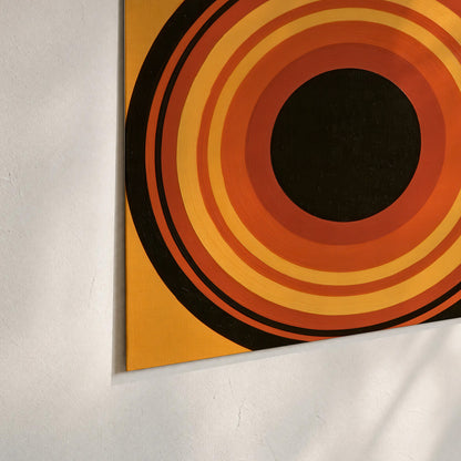 Bold black, orange and golden circles with parallel curved lines and small dots set of 3 poster prints material and edge close up