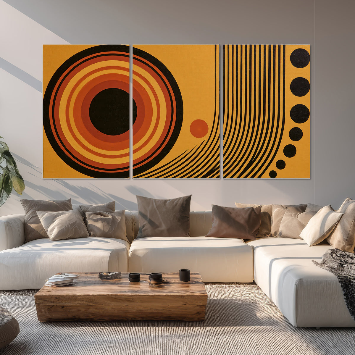 Bold black, orange and golden circles with parallel curved lines and small dots set of 3 poster prints displayed in a living room
