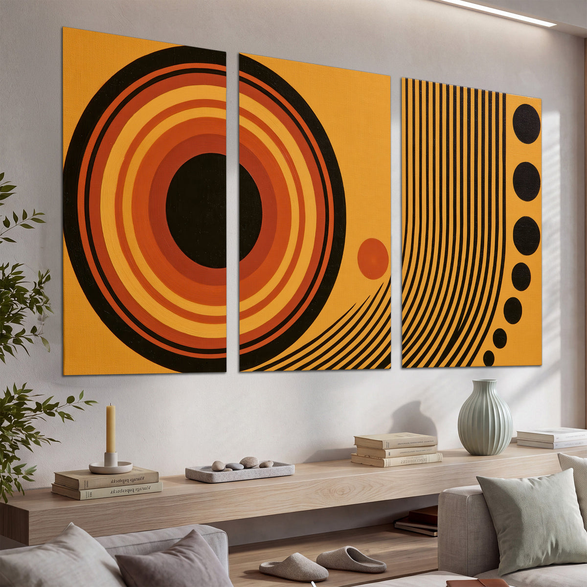 Bold black, orange and golden circles with parallel curved lines and small dots set of 3 poster prints displayed in a console