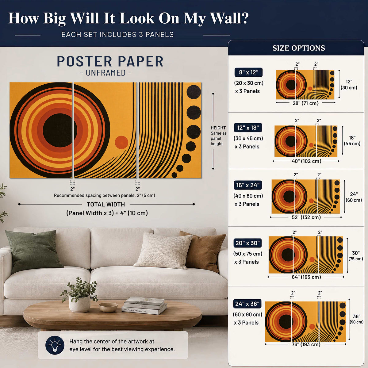 Bold black, orange and golden circles with parallel curved lines and small dots set of 3 poster prints size guide above a sofa; room view is illustrative