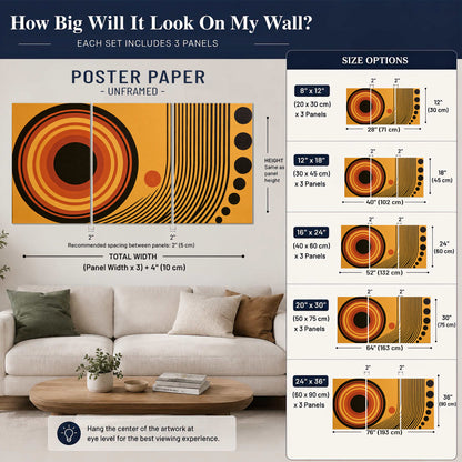 Bold black, orange and golden circles with parallel curved lines and small dots set of 3 poster prints size guide above a sofa; room view is illustrative
