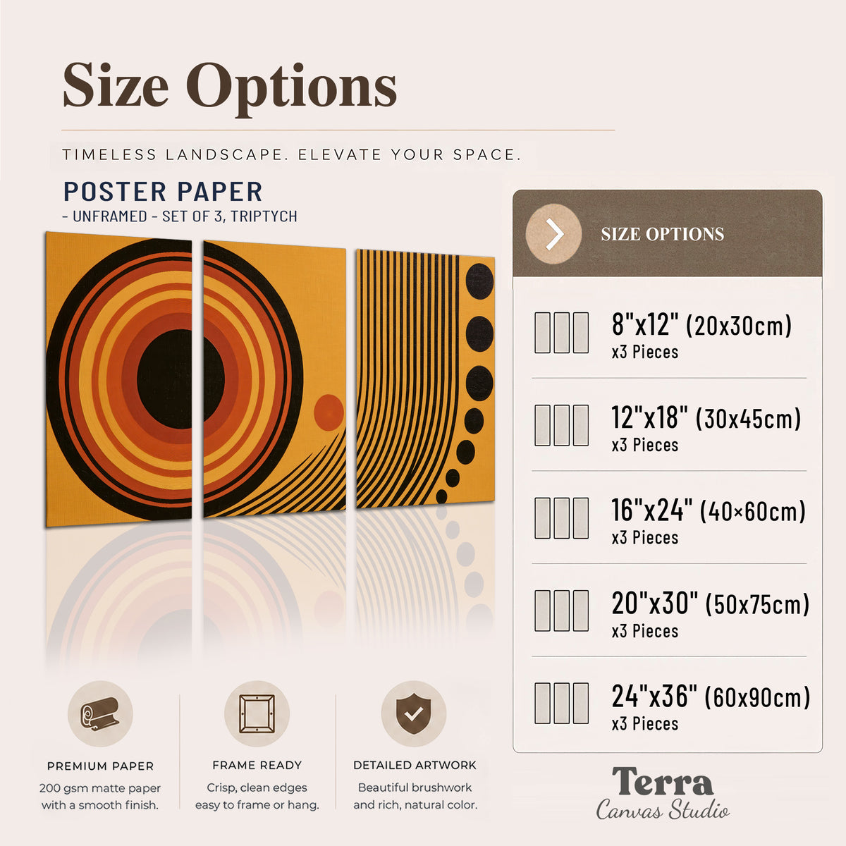 Bold black, orange and golden circles with parallel curved lines and small dots set of 3 poster prints available dimensions; triptych dimensions are per panel