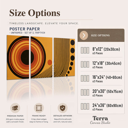 Bold black, orange and golden circles with parallel curved lines and small dots set of 3 poster prints available dimensions; triptych dimensions are per panel