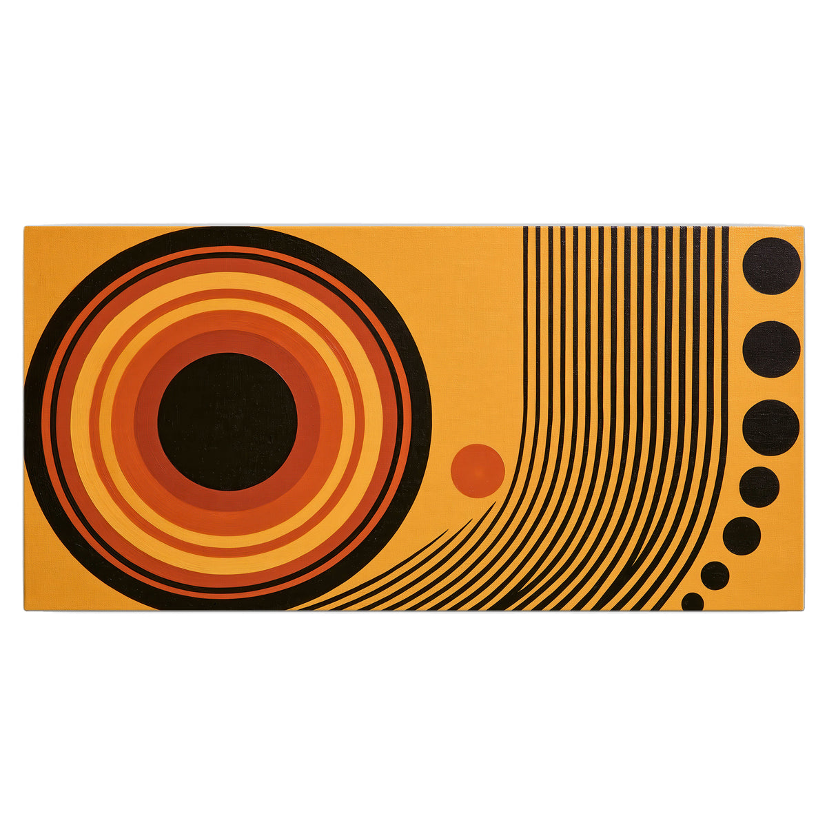 Bold black, orange and golden circles with parallel curved lines and small dots single canvas wall art viewed straight on