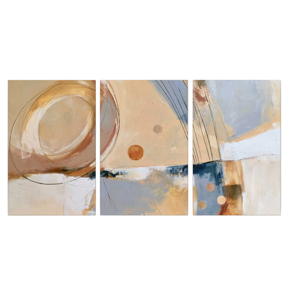 Pale circular forms and fine diagonal lines layered over blue, peach and cream brushstrokes 3 piece canvas wall art viewed straight on