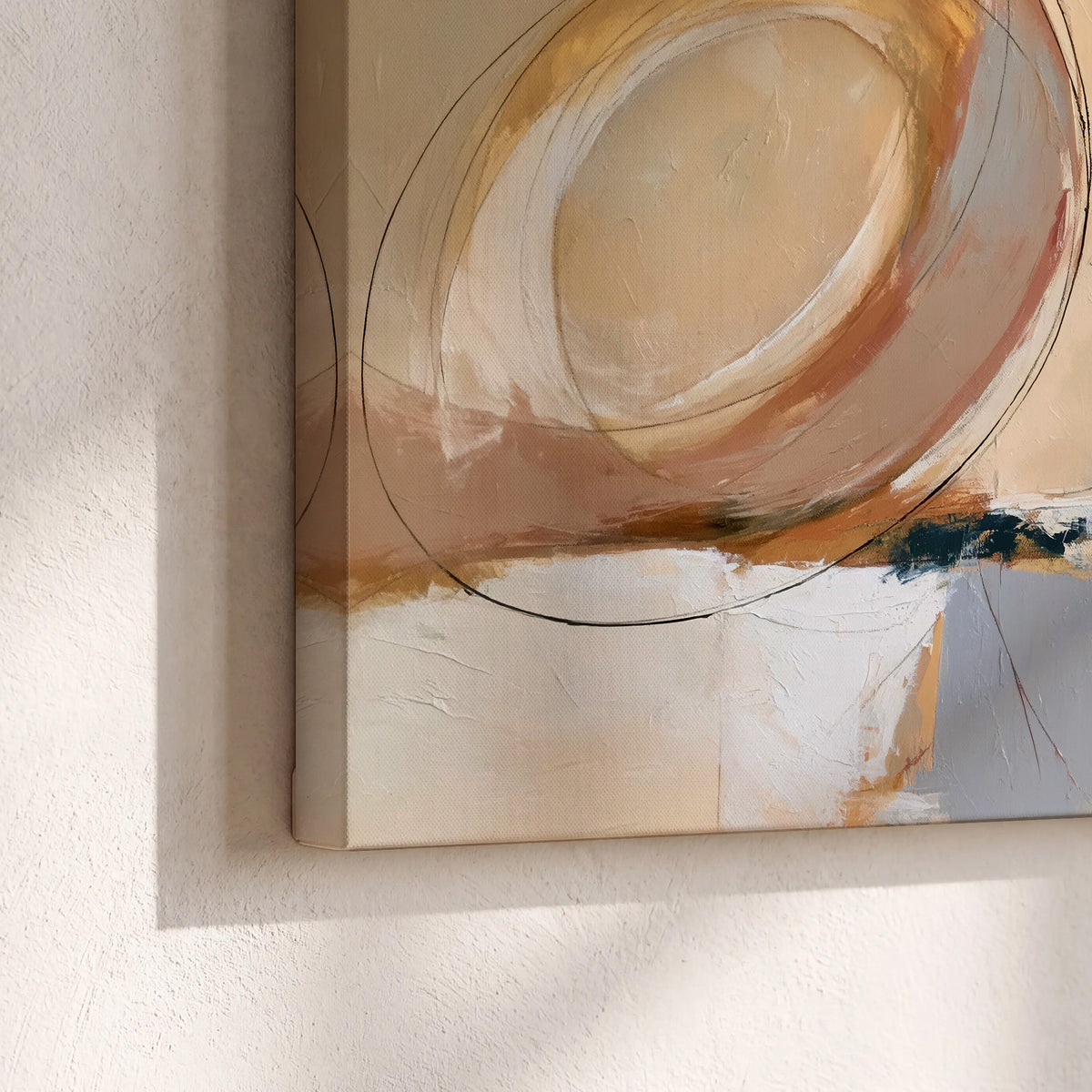 Pale circular forms and fine diagonal lines layered over blue, peach and cream brushstrokes 3 piece canvas wall art material and edge close up