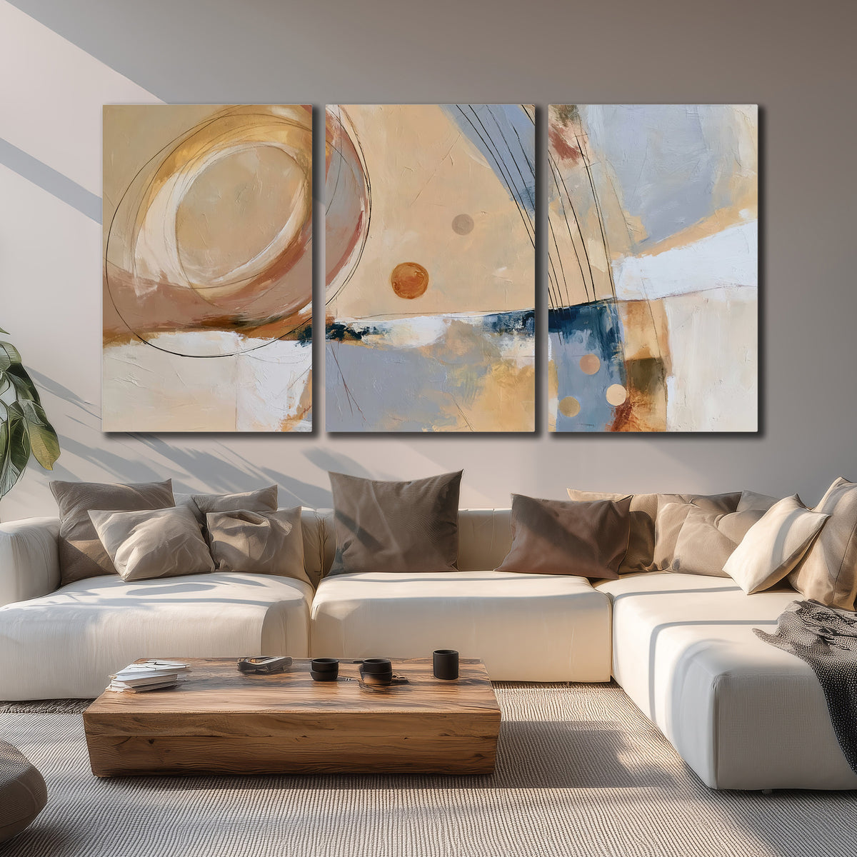 Pale circular forms and fine diagonal lines layered over blue, peach and cream brushstrokes 3 piece canvas wall art displayed in a living room