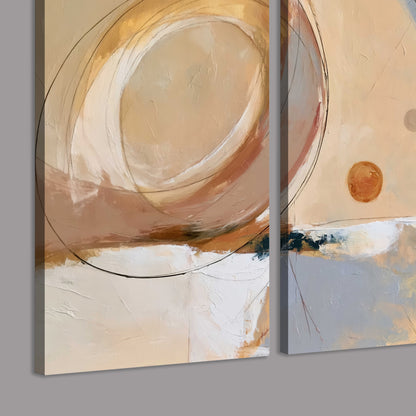 Pale circular forms and fine diagonal lines layered over blue, peach and cream brushstrokes 3 piece canvas wall art room and product view