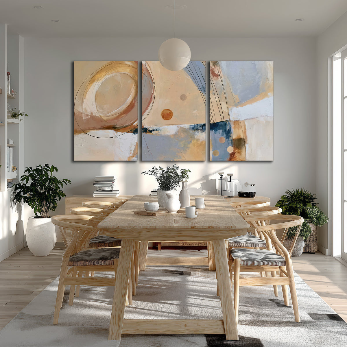 Pale circular forms and fine diagonal lines layered over blue, peach and cream brushstrokes 3 piece canvas wall art room and product view