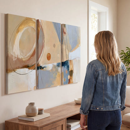 Pale circular forms and fine diagonal lines layered over blue, peach and cream brushstrokes 3 piece canvas wall art three panel arrangement on a wall