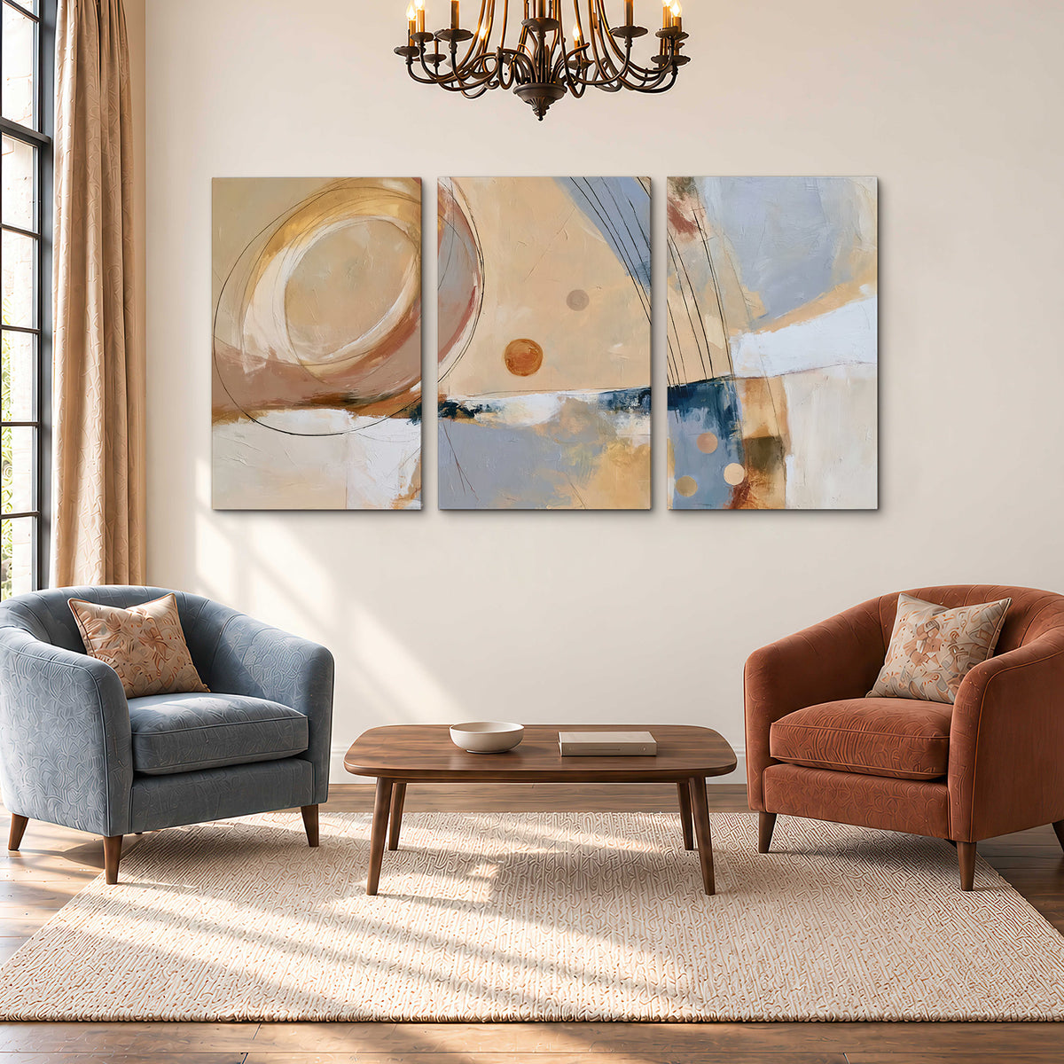 Pale circular forms and fine diagonal lines layered over blue, peach and cream brushstrokes 3 piece canvas wall art styled in an interior