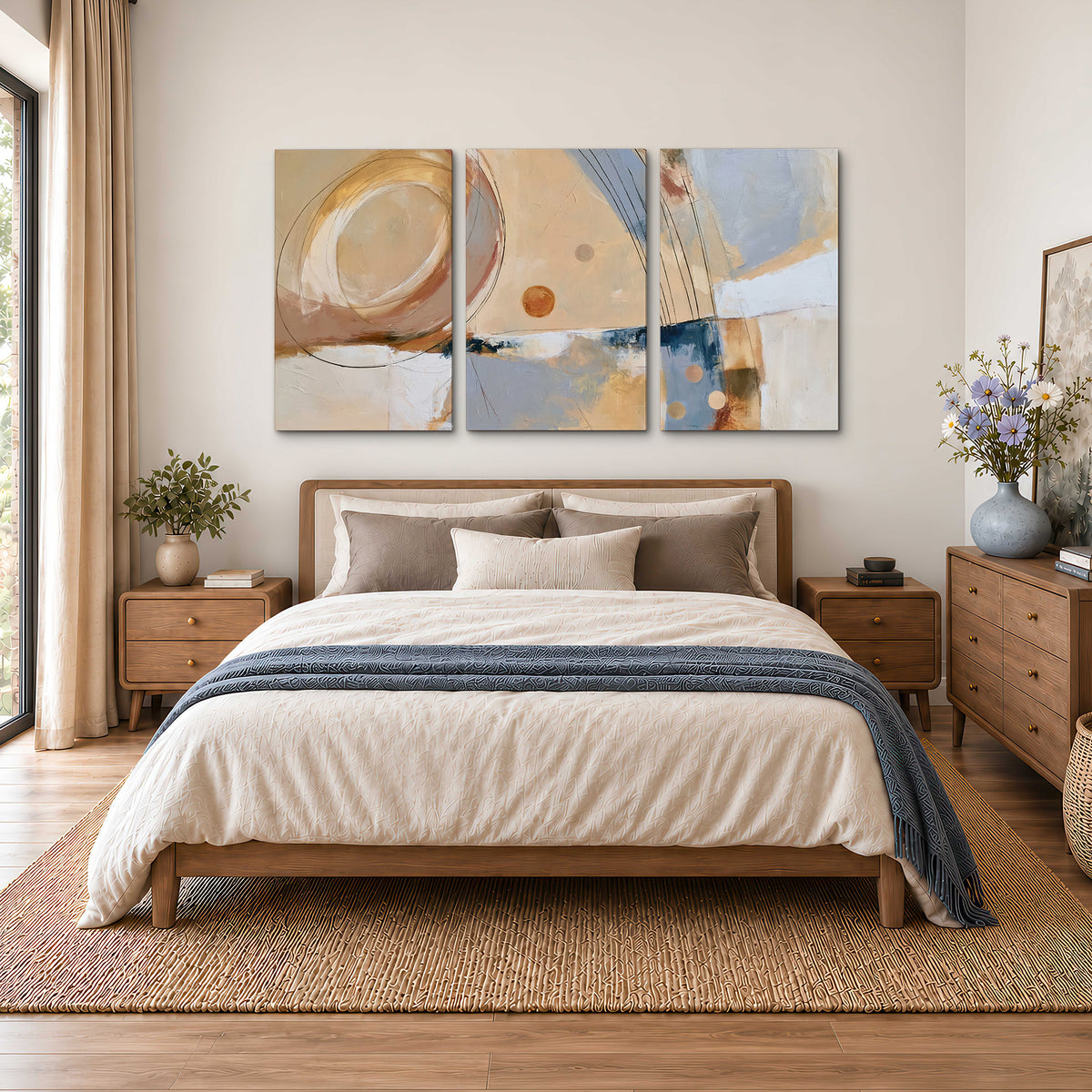 Pale circular forms and fine diagonal lines layered over blue, peach and cream brushstrokes 3 piece canvas wall art styled in an interior