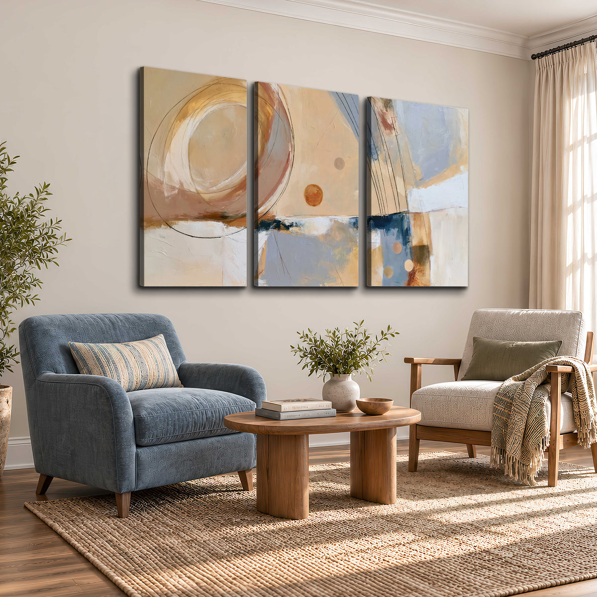 Pale circular forms and fine diagonal lines layered over blue, peach and cream brushstrokes 3 piece canvas wall art styled in an interior