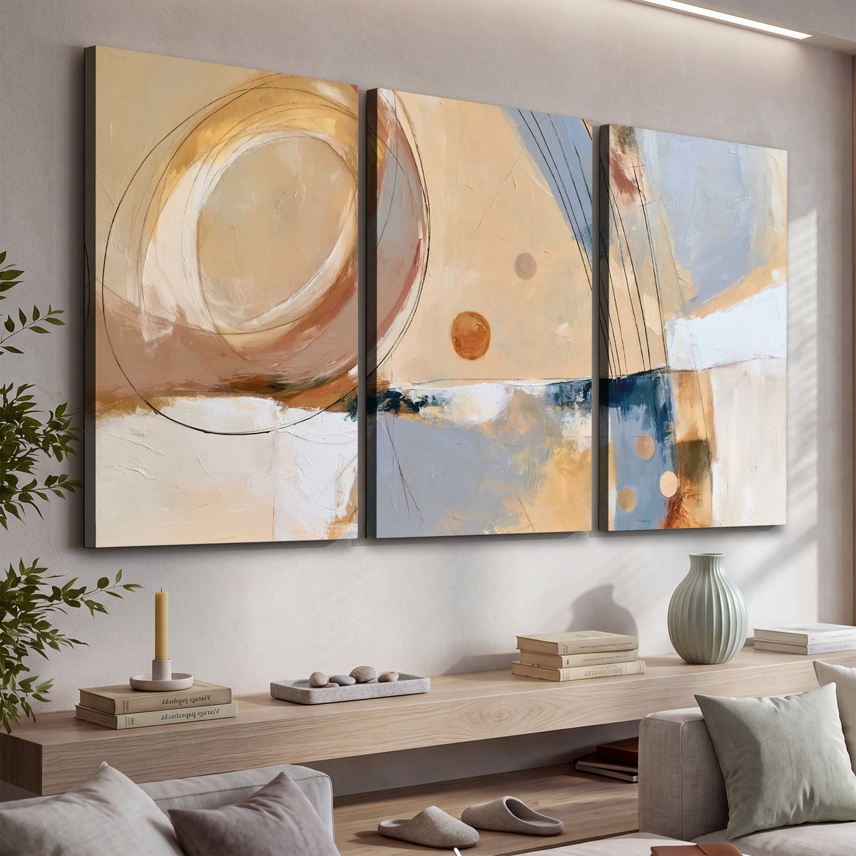 Pale circular forms and fine diagonal lines layered over blue, peach and cream brushstrokes 3 piece canvas wall art displayed in a console