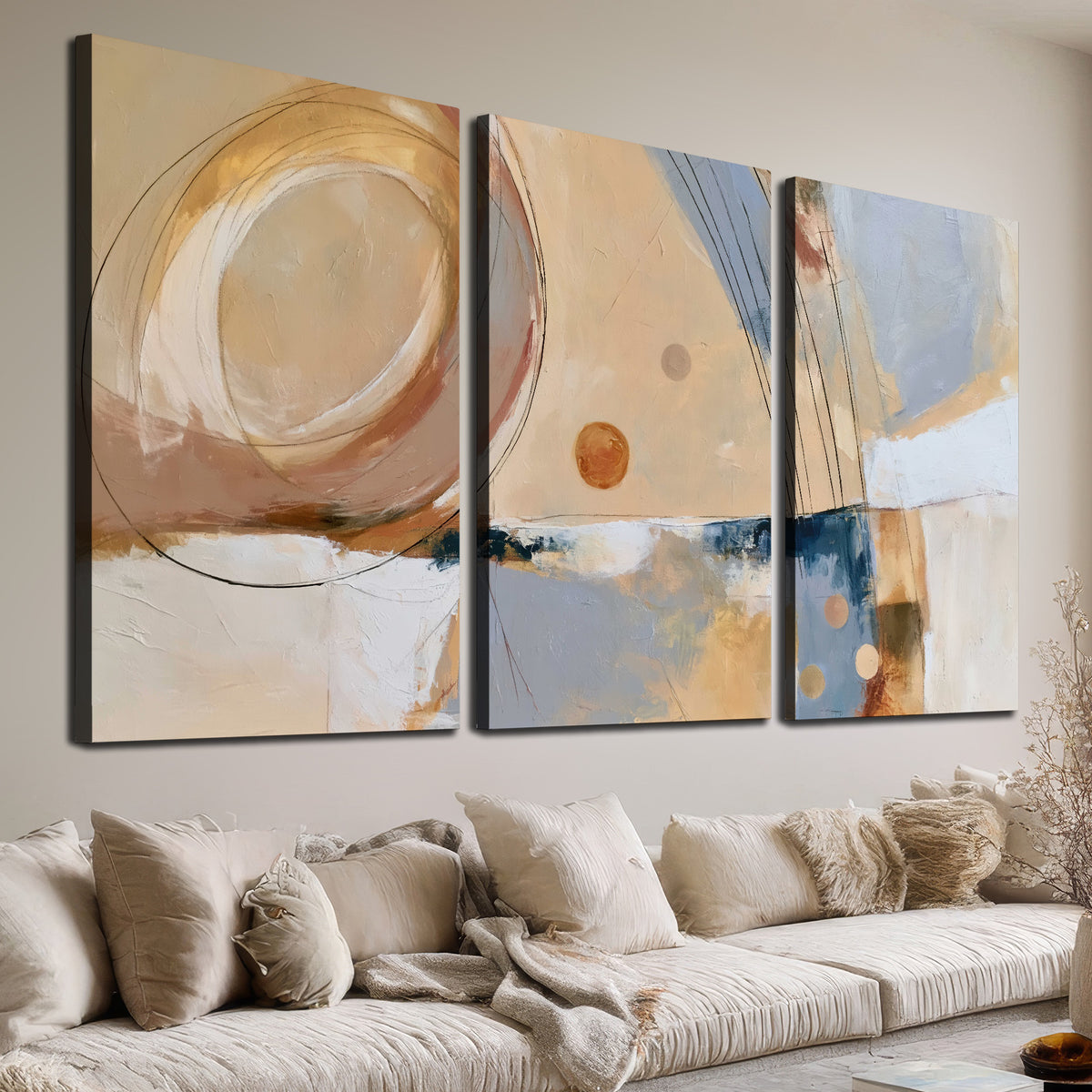 Pale circular forms and fine diagonal lines layered over blue, peach and cream brushstrokes 3 piece canvas wall art room and product view