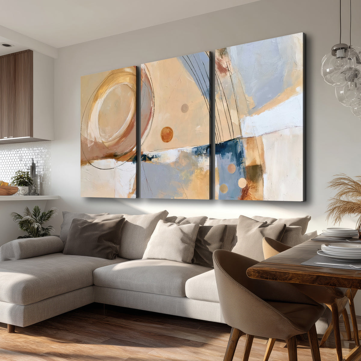 Pale circular forms and fine diagonal lines layered over blue, peach and cream brushstrokes 3 piece canvas wall art room and product view
