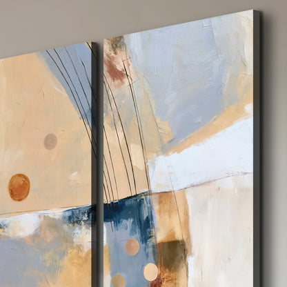 Pale circular forms and fine diagonal lines layered over blue, peach and cream brushstrokes 3 piece canvas wall art room and product view