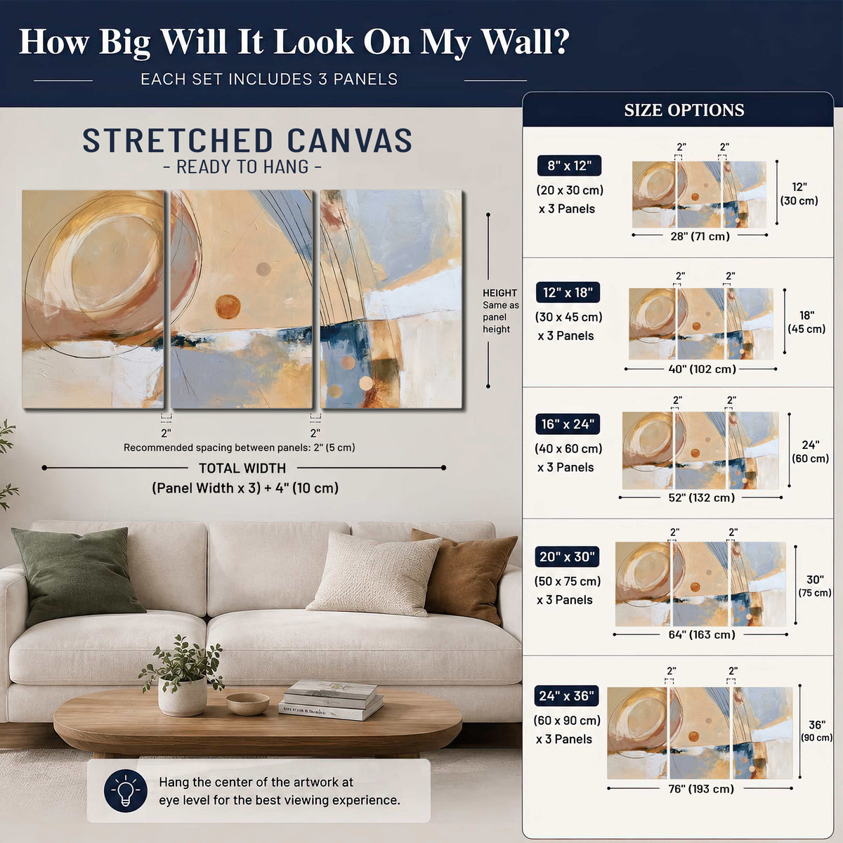 Pale circular forms and fine diagonal lines layered over blue, peach and cream brushstrokes 3 piece canvas wall art size guide above a sofa; room view is illustrative