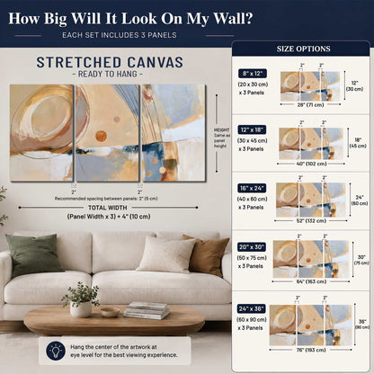 Pale circular forms and fine diagonal lines layered over blue, peach and cream brushstrokes 3 piece canvas wall art size guide above a sofa; room view is illustrative