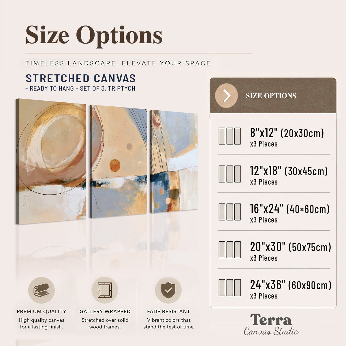Pale circular forms and fine diagonal lines layered over blue, peach and cream brushstrokes 3 piece canvas wall art available dimensions; triptych dimensions are per panel