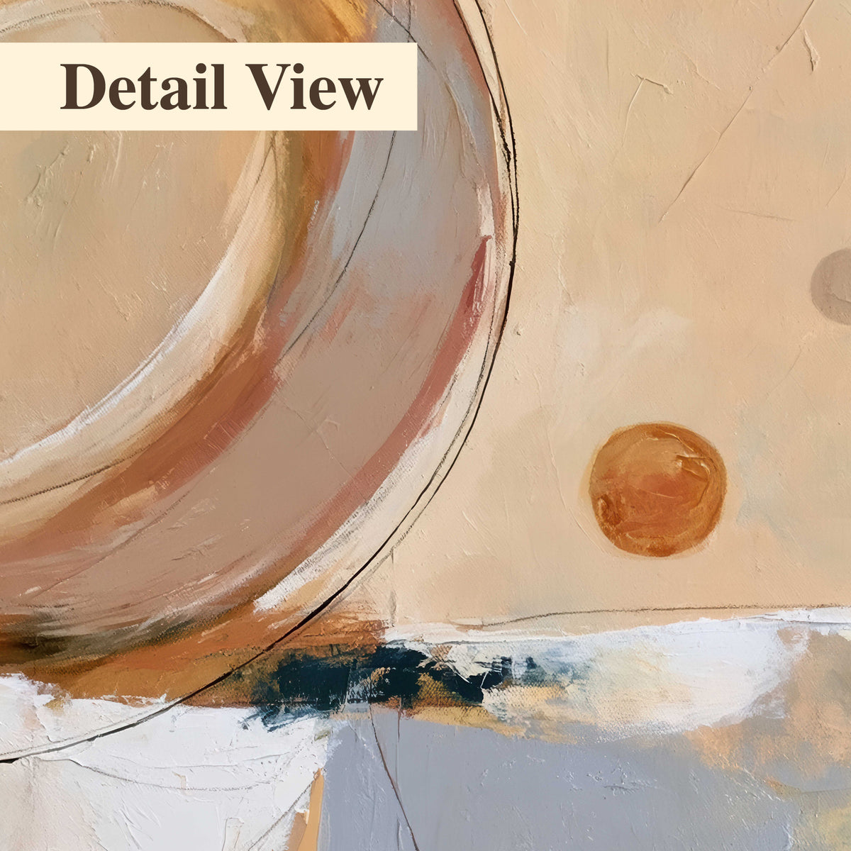 Pale circular forms and fine diagonal lines layered over blue, peach and cream brushstrokes 3 piece canvas wall art artwork detail close up
