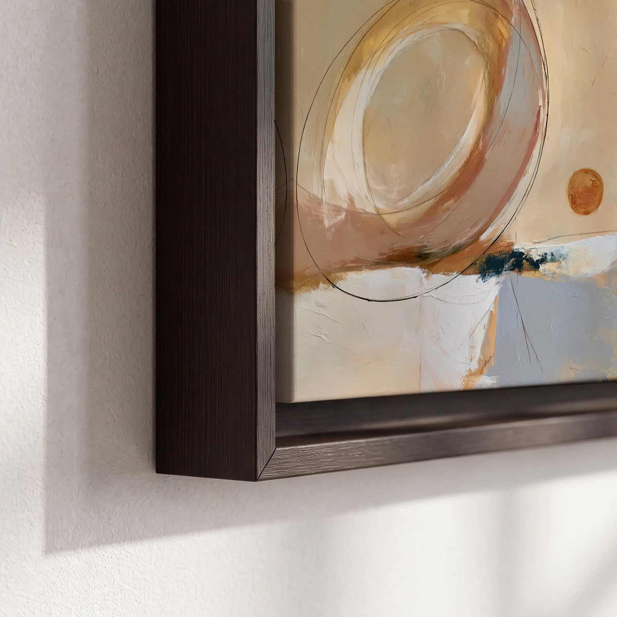 Pale circular forms and fine diagonal lines layered over blue, peach and cream brushstrokes 3 piece framed canvas wall art material and edge close up