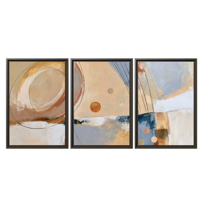 Pale circular forms and fine diagonal lines layered over blue, peach and cream brushstrokes 3 piece framed canvas wall art viewed straight on