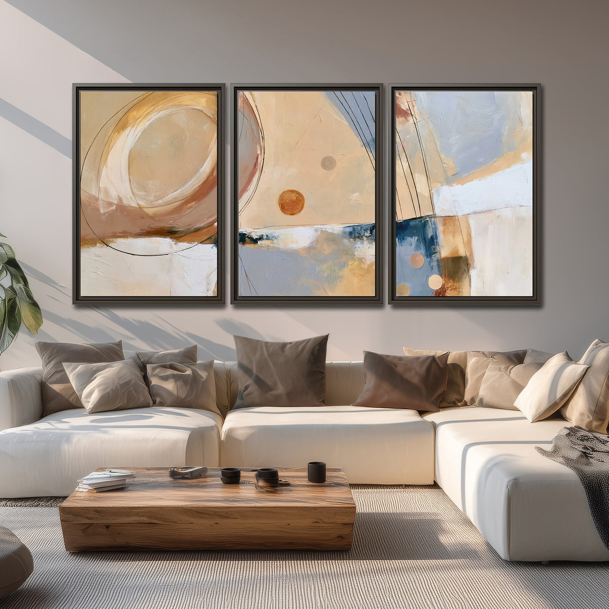 Pale circular forms and fine diagonal lines layered over blue, peach and cream brushstrokes 3 piece framed canvas wall art displayed in a living room