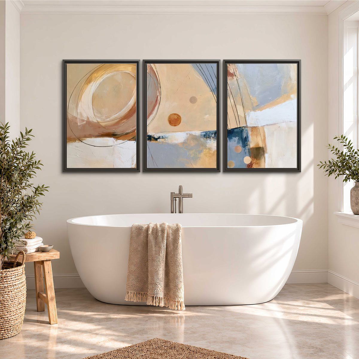 Pale circular forms and fine diagonal lines layered over blue, peach and cream brushstrokes 3 piece framed canvas wall art styled in an interior